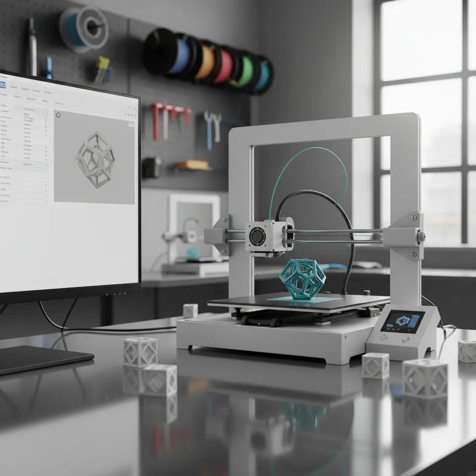 3D printing setup showcasing Cura profiles and test prints