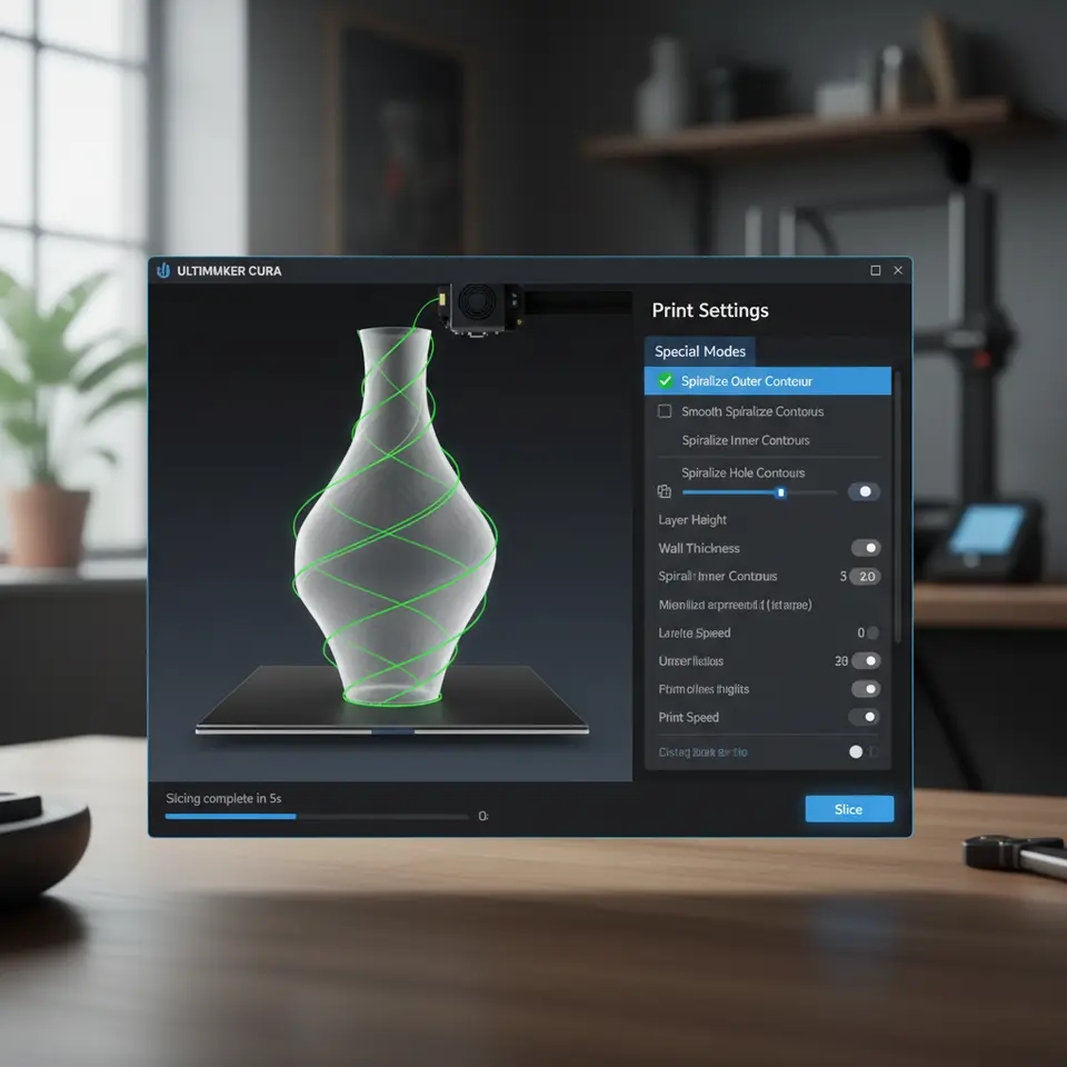 Cura Slicer interface showing Spiralize Outer Contour settings