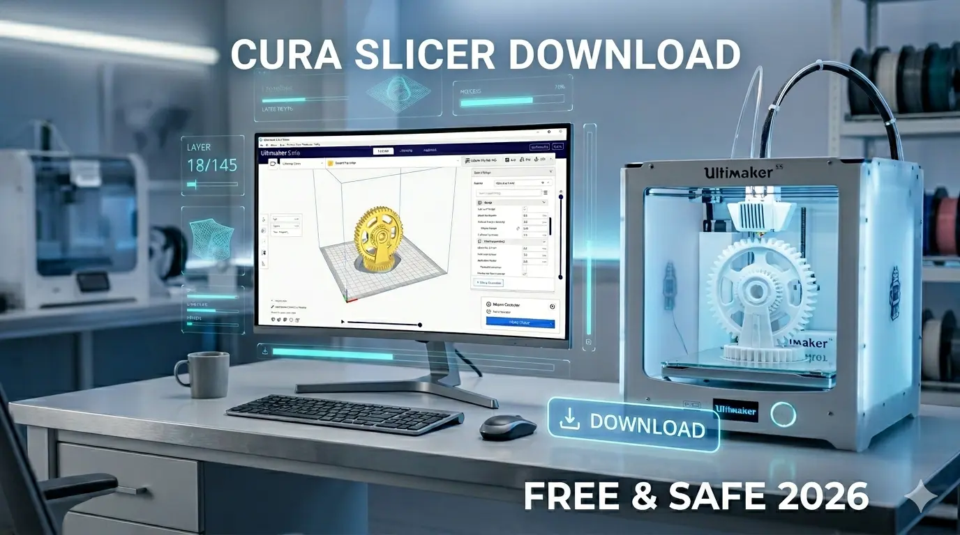 Cura Slicer download interface displayed on a desktop computer, with a 3D printer printing a model in the background; professional, modern workspace highlighting safe and official software download.